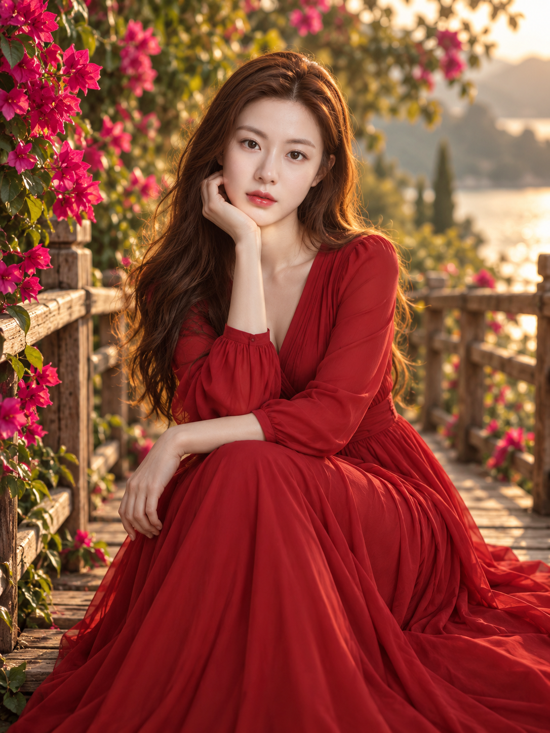 花园木桥上的绯红礼服成年女性肖像
