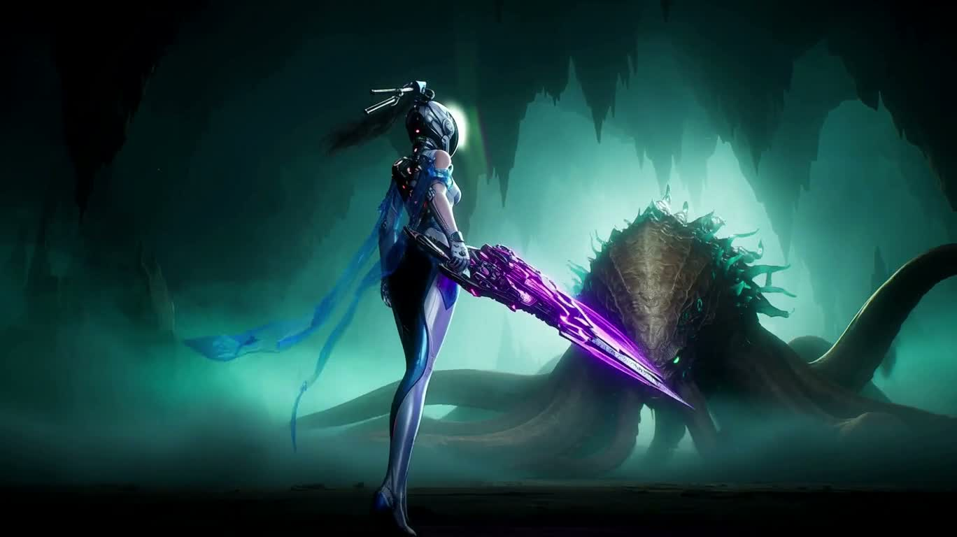Purple Psychic Space Warrior Dueling a Giant Tentacle Beast