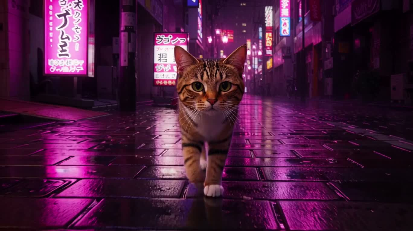 Chat en balade nocturne néon à Tokyo