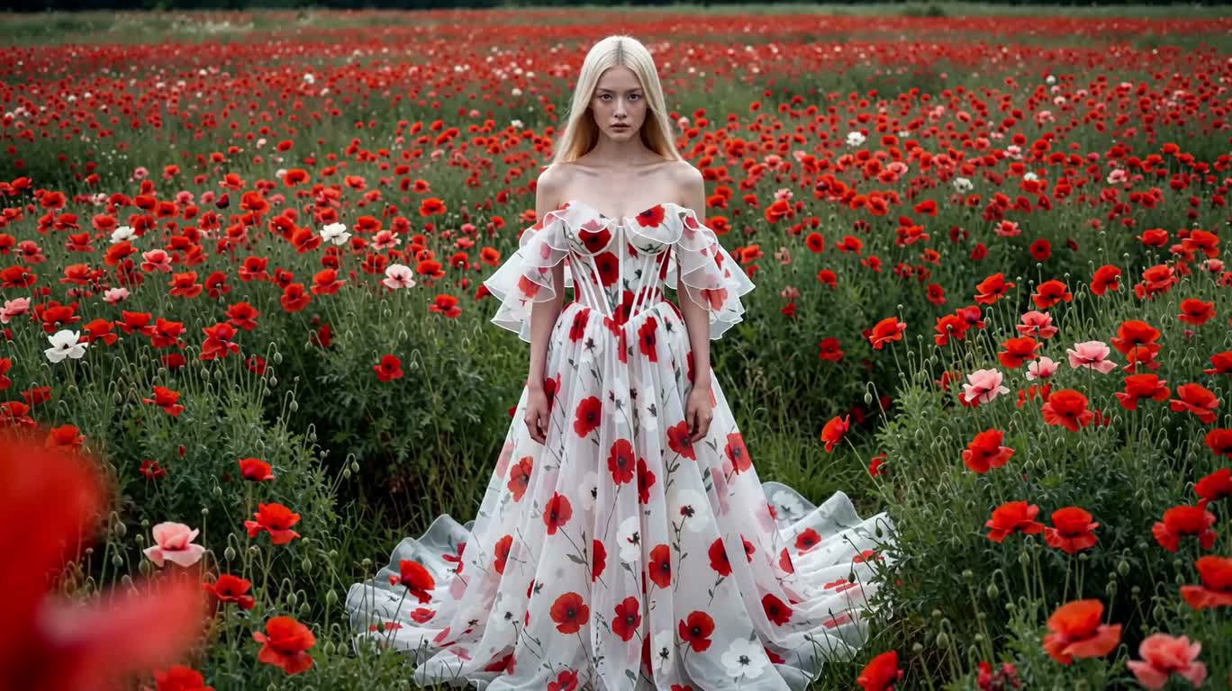 Portrait in a White Dress Amid a Sea of Red Poppies