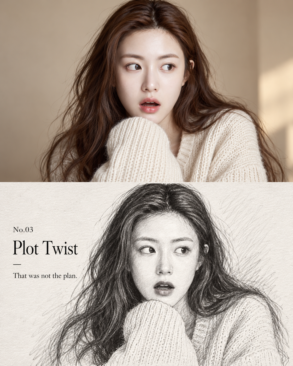 수직으로 분할된 성인 여성의 사실적 초상과 반전 스케치
