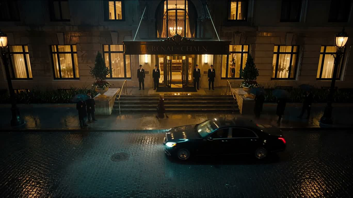 Le tout-puissant en noir dans un hôtel de luxe par une nuit de pluie