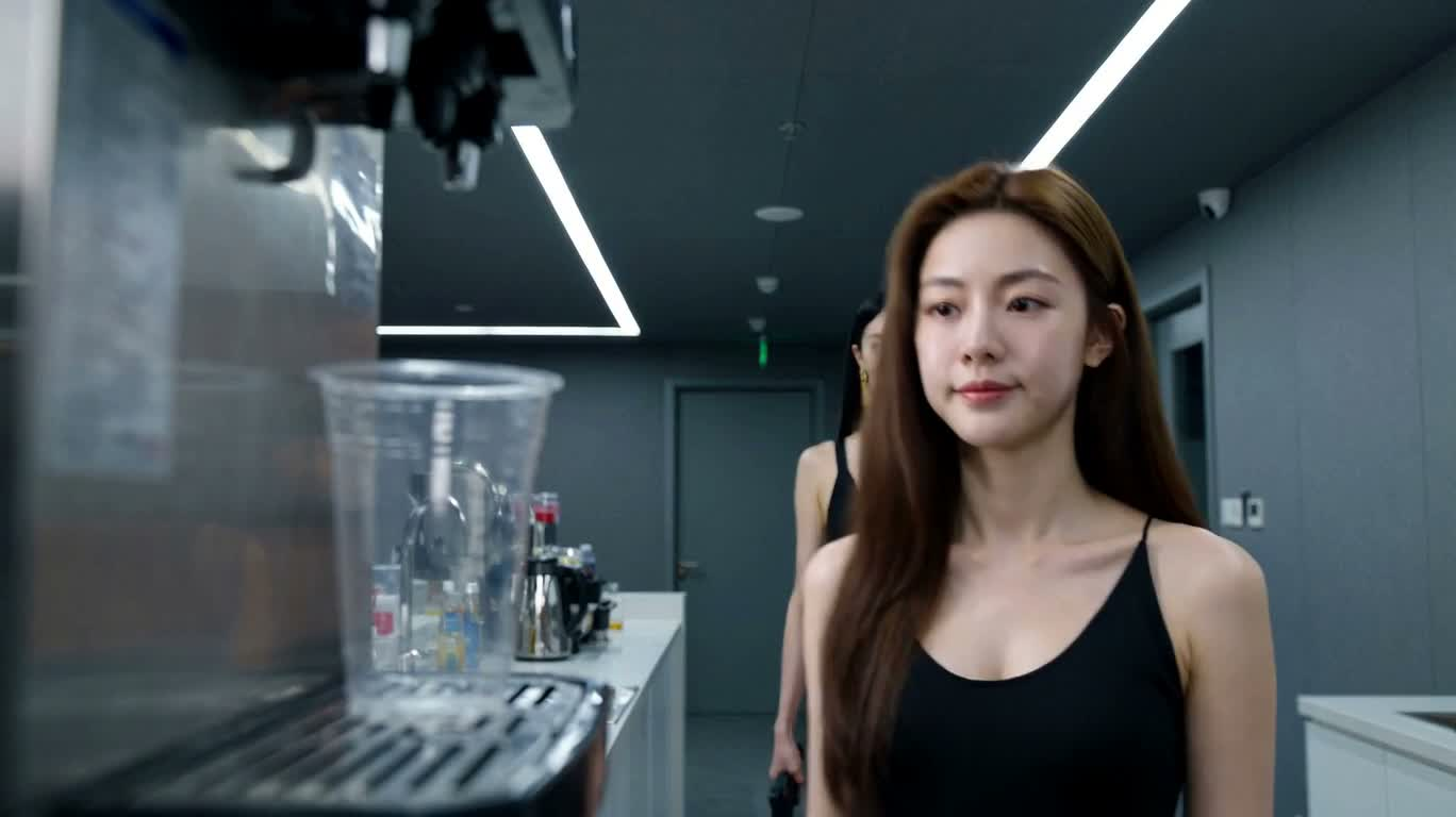음료 자판기 앞의 냉소적 대치 — AI video creation
