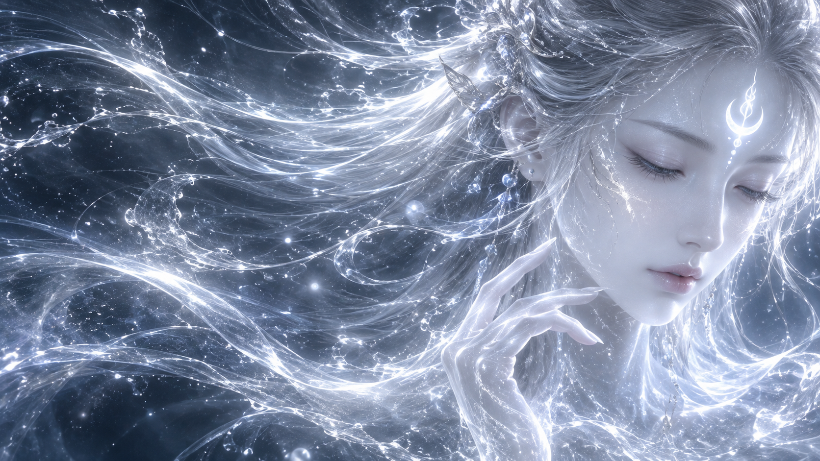 东方幻想银白流光神灵概念图 — AI image creation