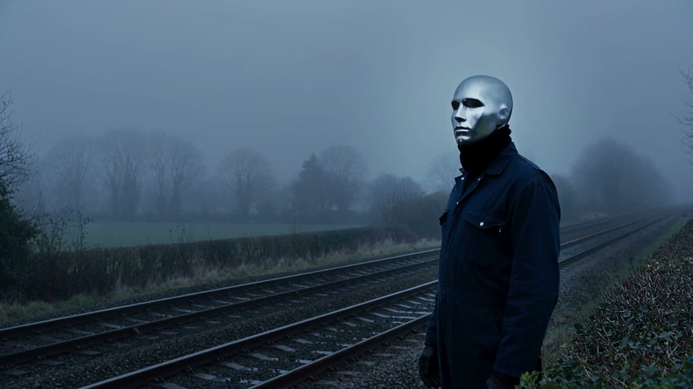Faceless Observer Beside Misty Tracks