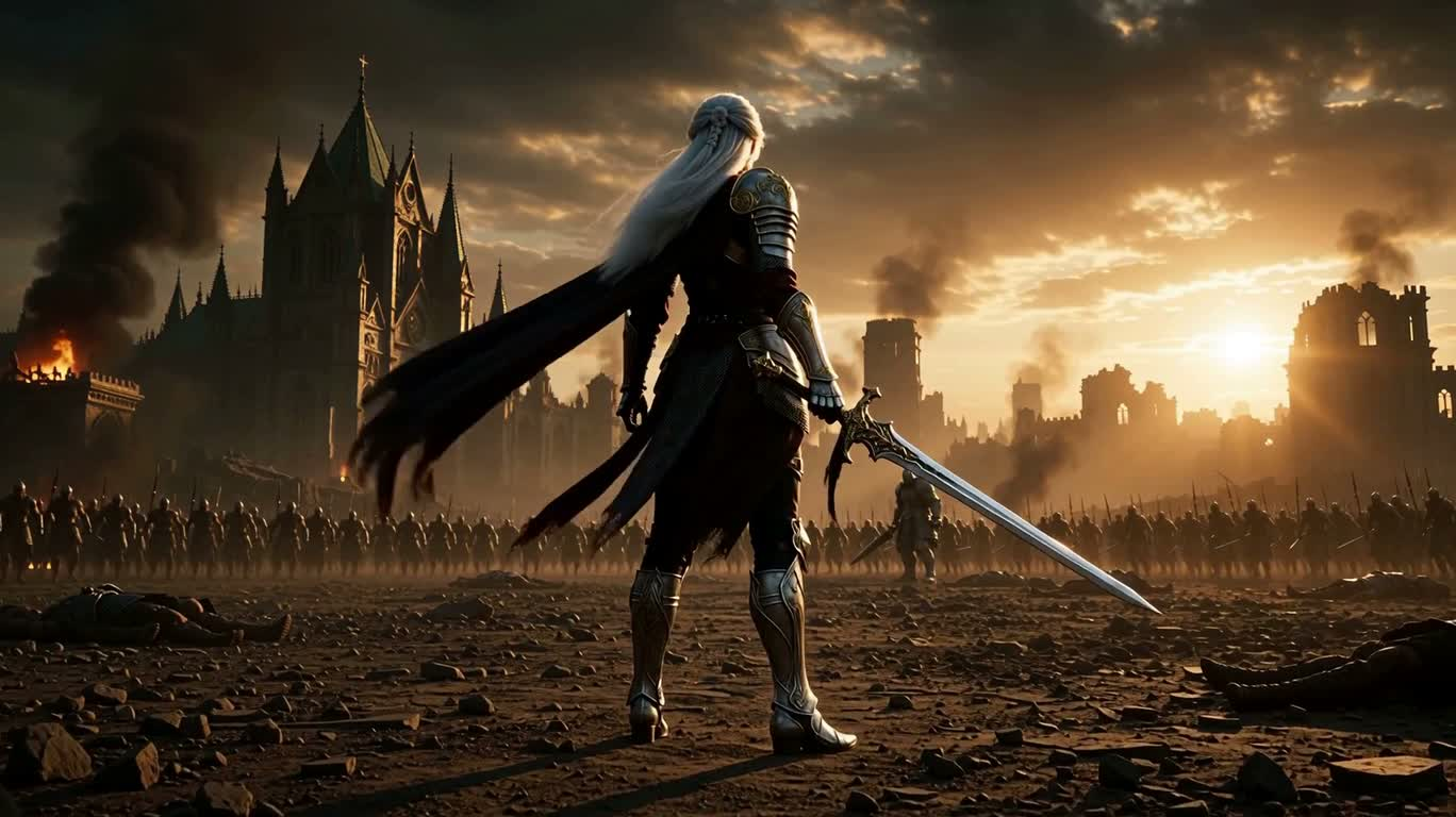 Duel crépusculaire de la guerrière aux cheveux blancs