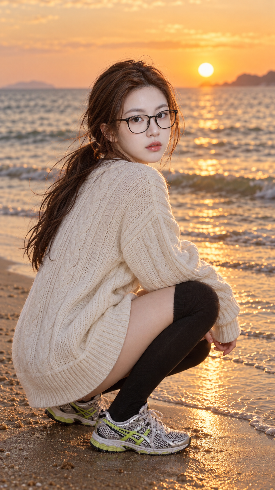 复古胶片感海滩夕照穿搭人像