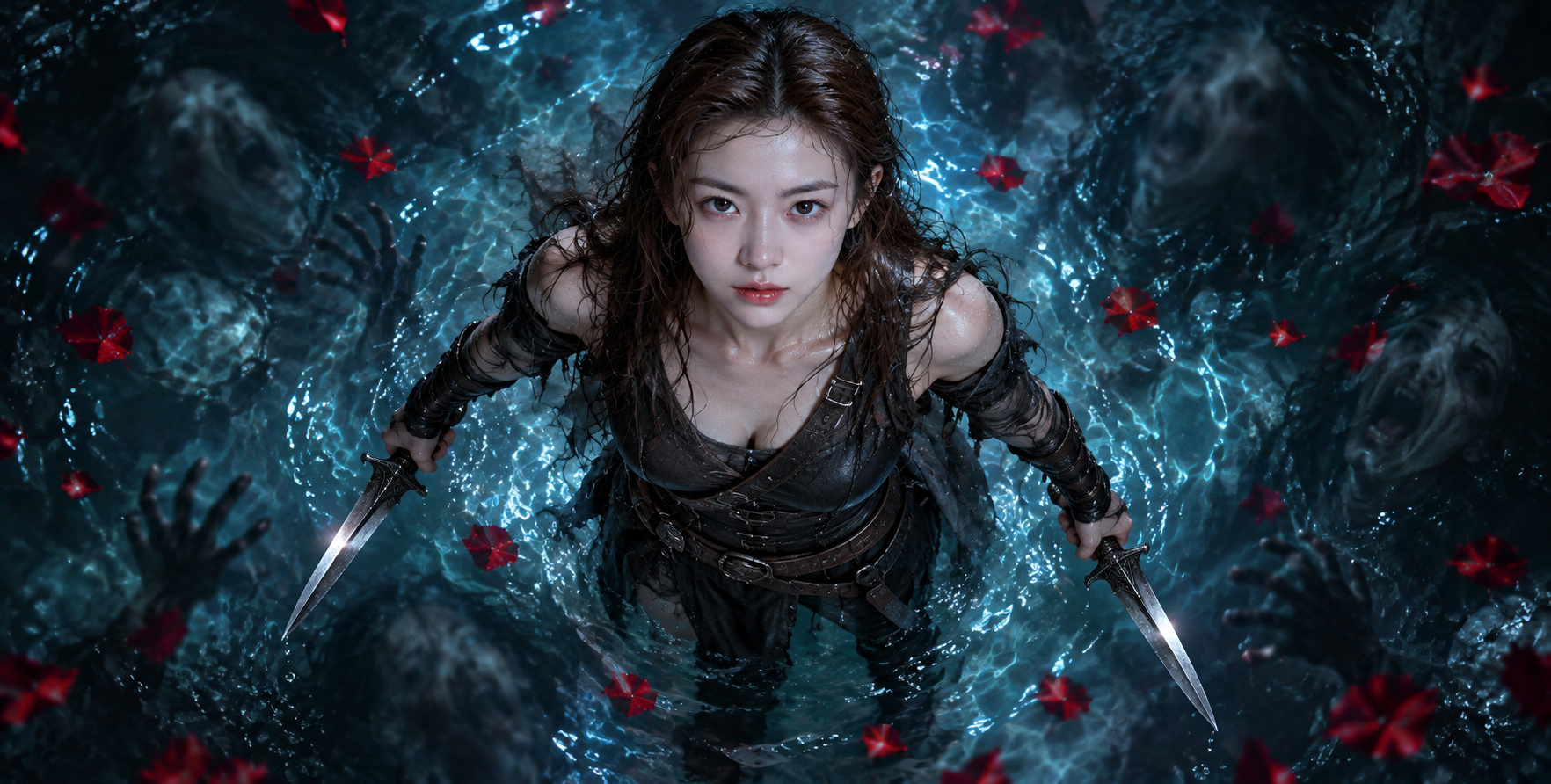 Nữ chiến binh trưởng thành trên mặt nước xanh băng trong dark fantasy