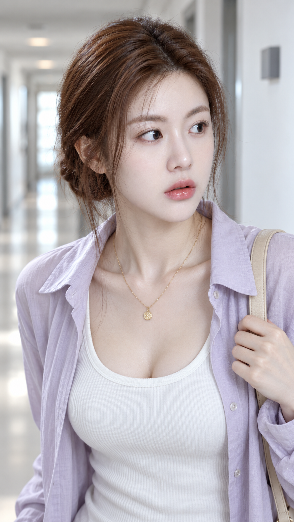 明亮走廊中侧头张望的成年女性 — AI image creation