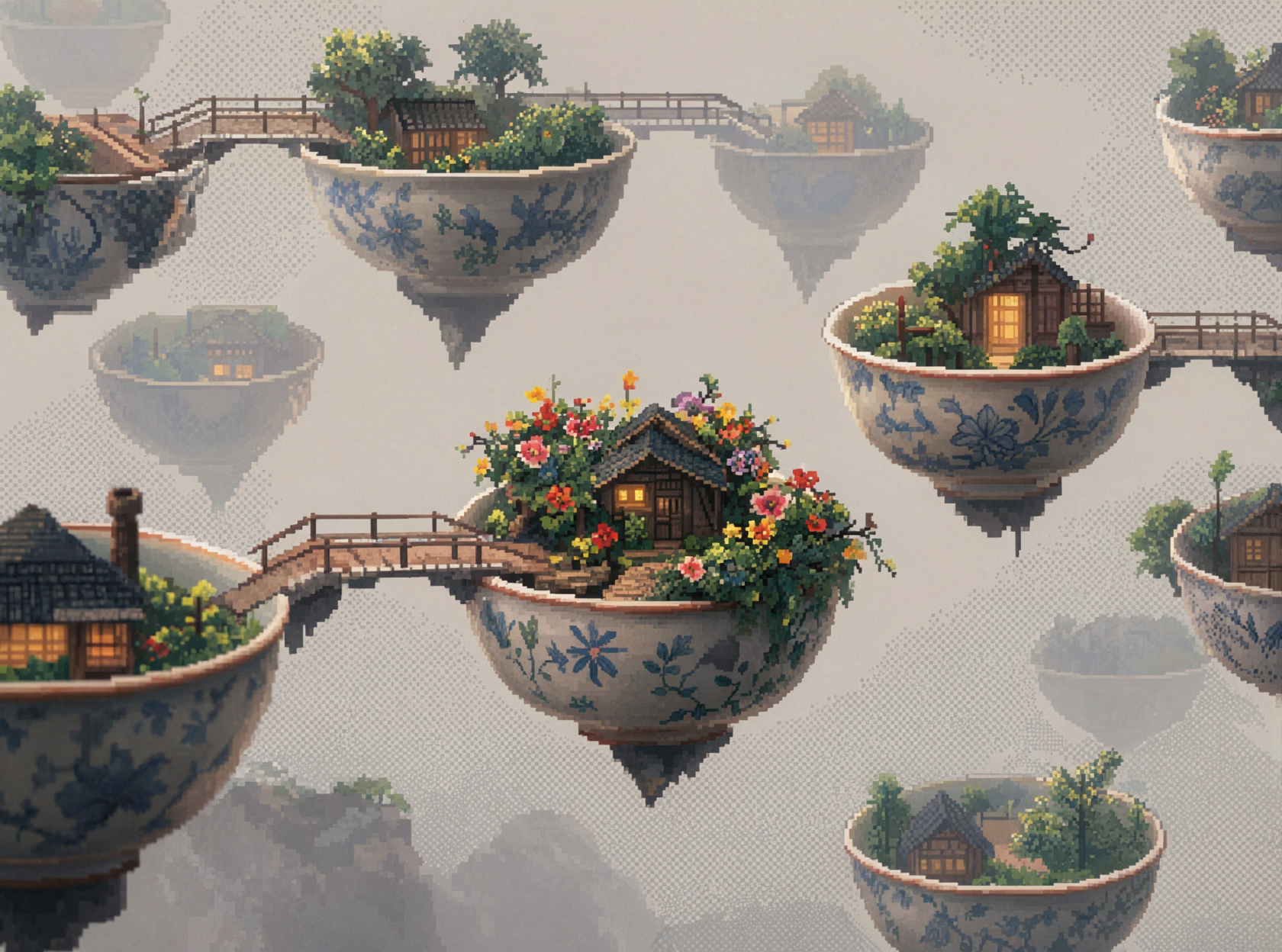 空飛ぶ陶器市 · ピクセルアート — AI image creation