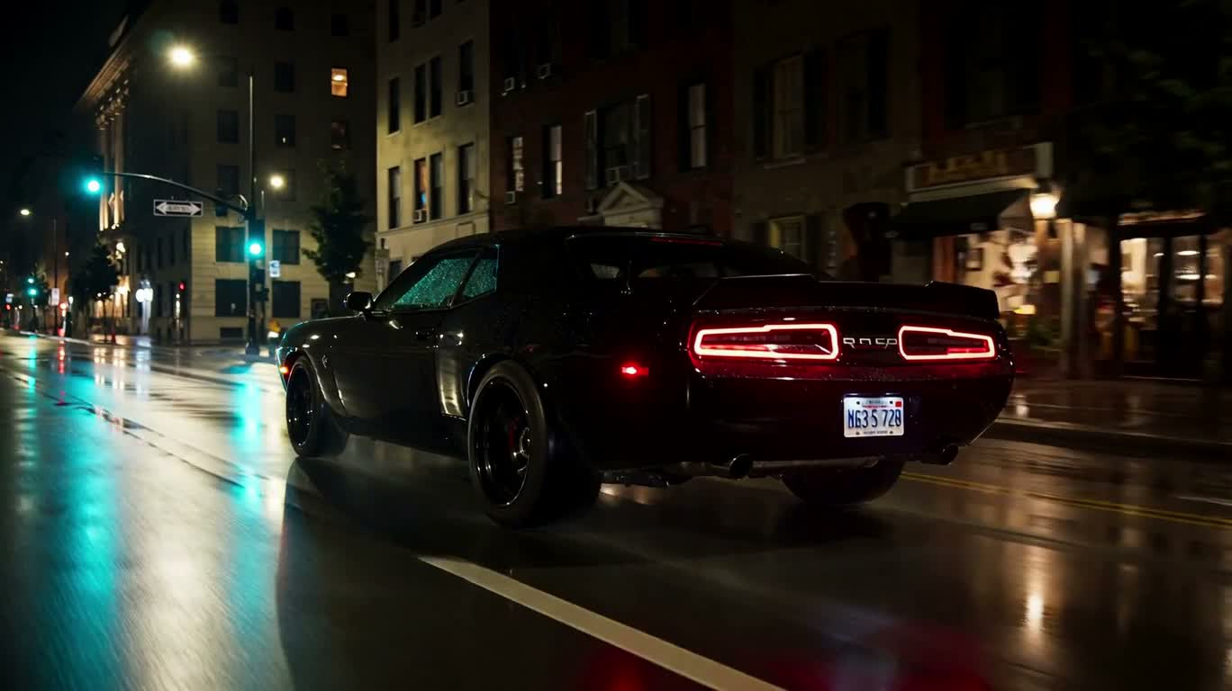 Black Muscle Car on a Rainy Night