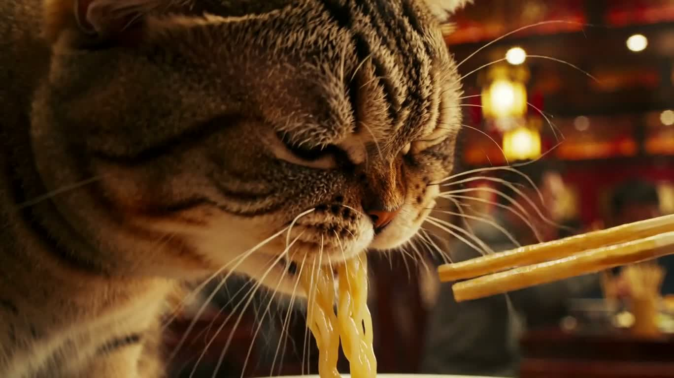 Cat Eating Ramen with Chopsticks
