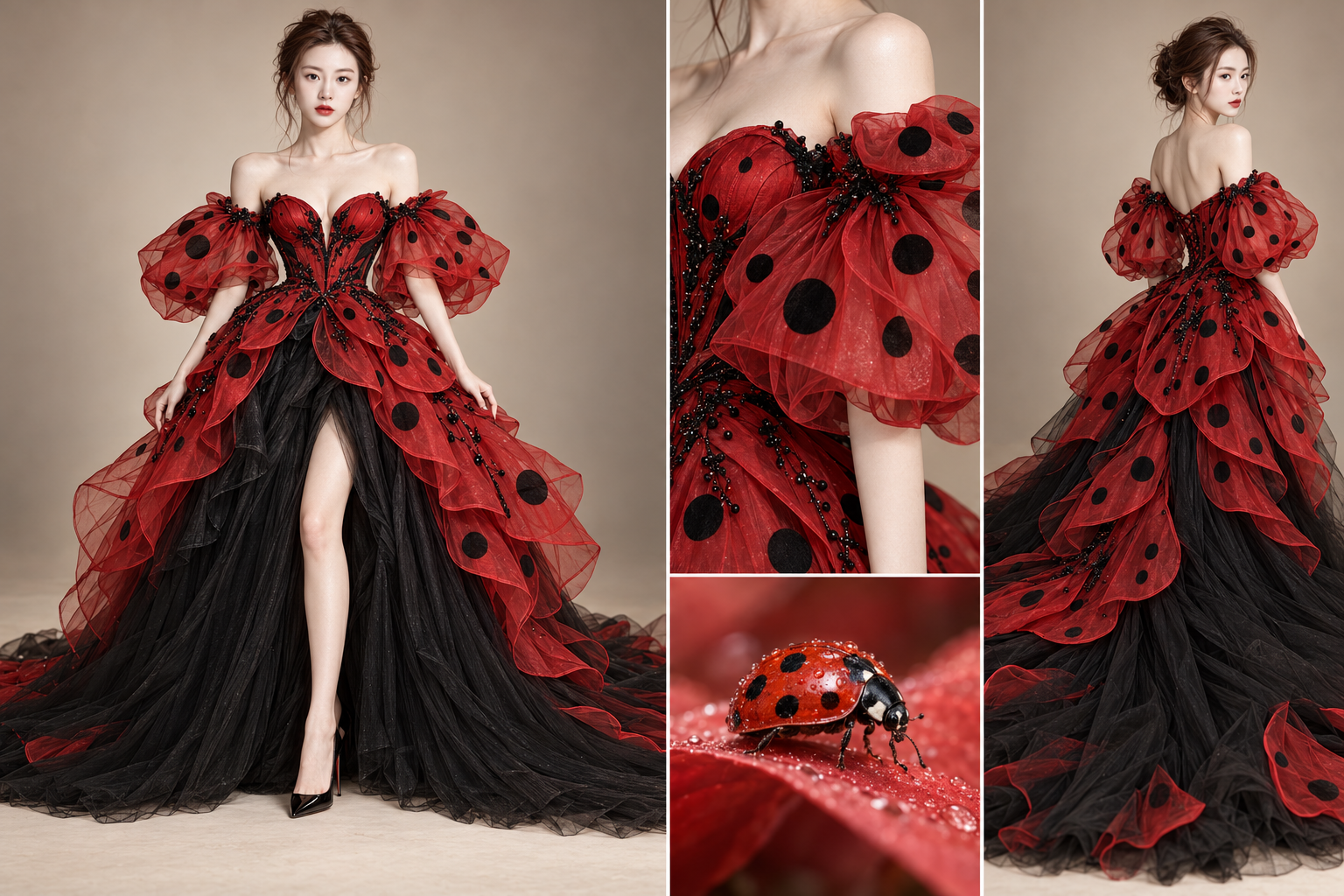 Robe de haute couture sur le thème de la coccinelle, photographie de mode hyperréaliste
