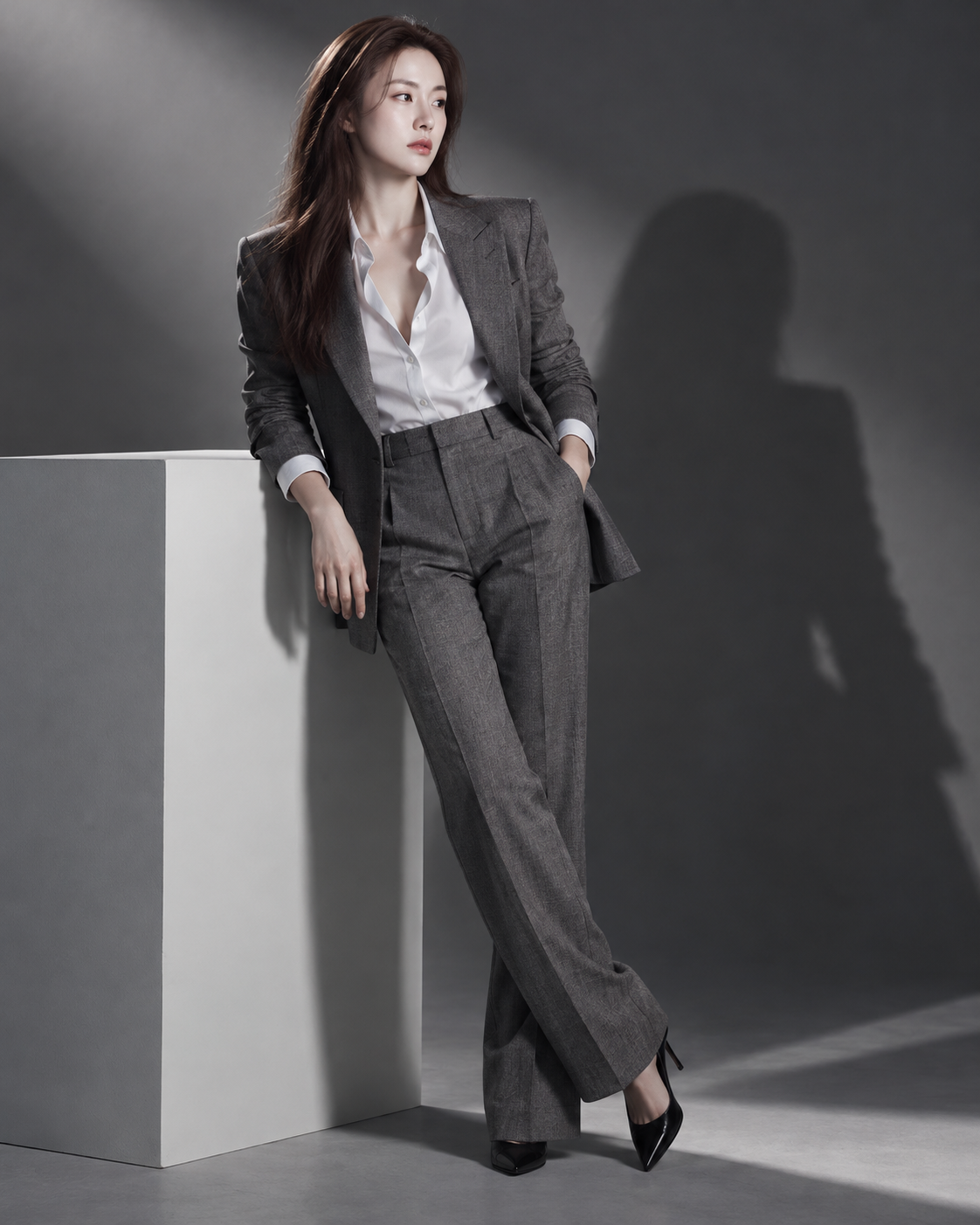 灰色女式西装与白立方体高端时尚肖像 — AI image creation