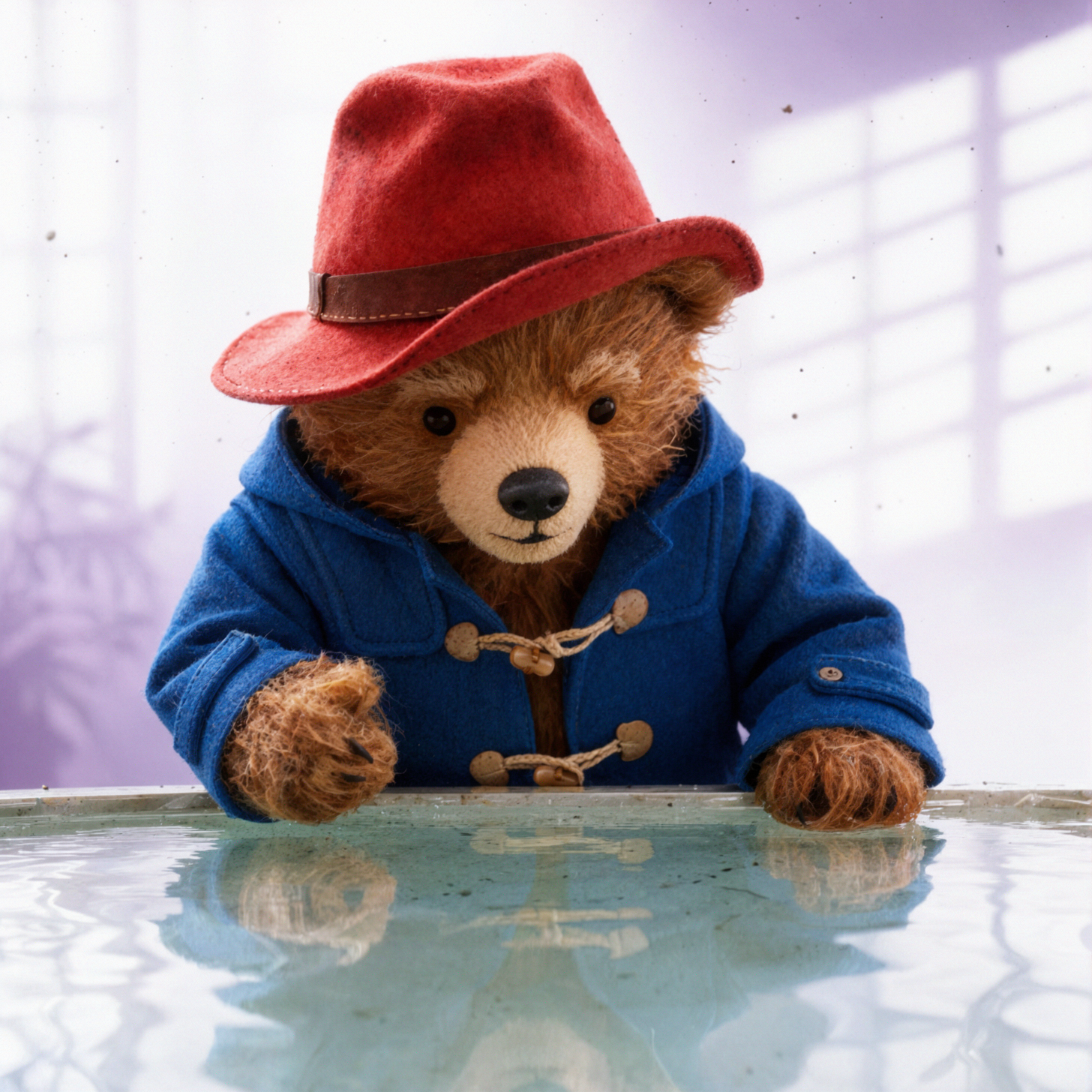 Gấu Paddington · Nhìn vào gương nước · Ánh sáng dịu high-key