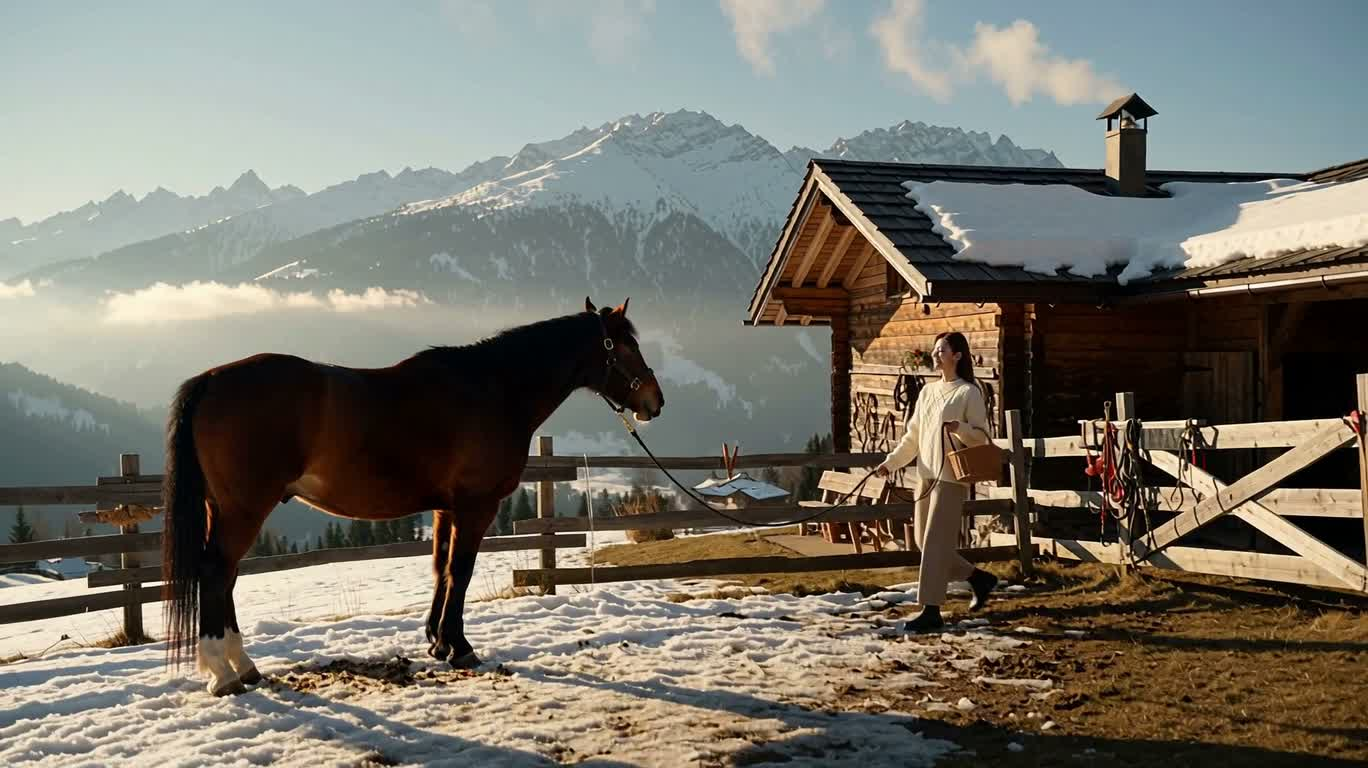 Homme et cheval dans la lumière du matin alpin