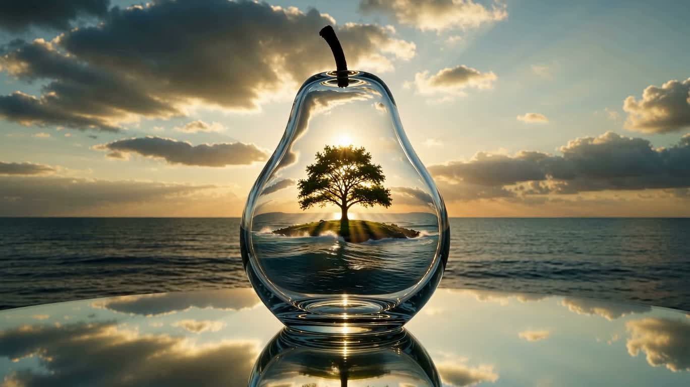 Miniature World in a Transparent Glass Pear by the Sea