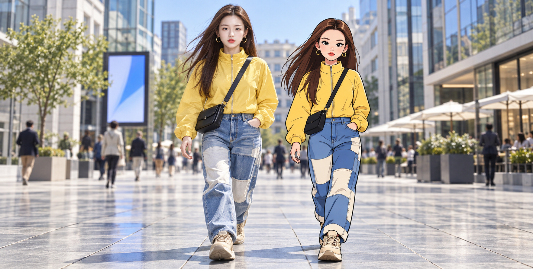 成年女性与原创卡通分身的欧洲广场街拍