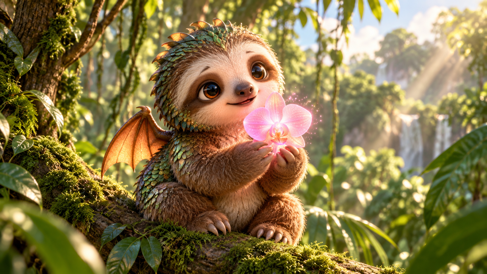 苔木上的树懒龙幼崽与发光兰花 — AI image creation