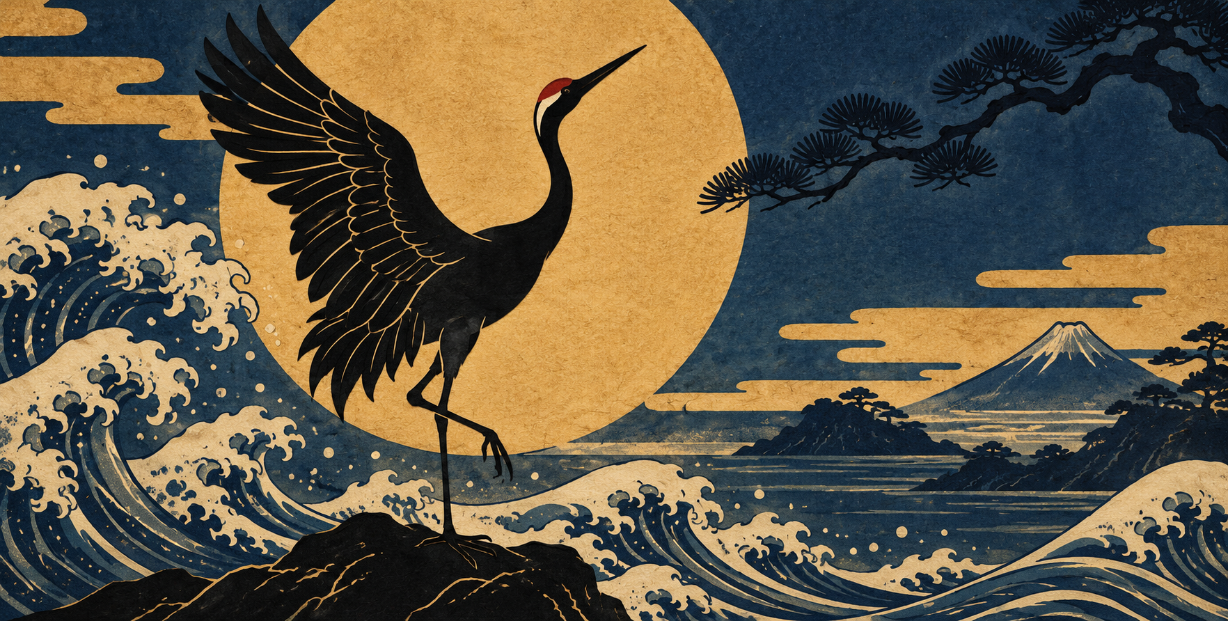朱鹤剪影与浮世绘浪景皮影画
