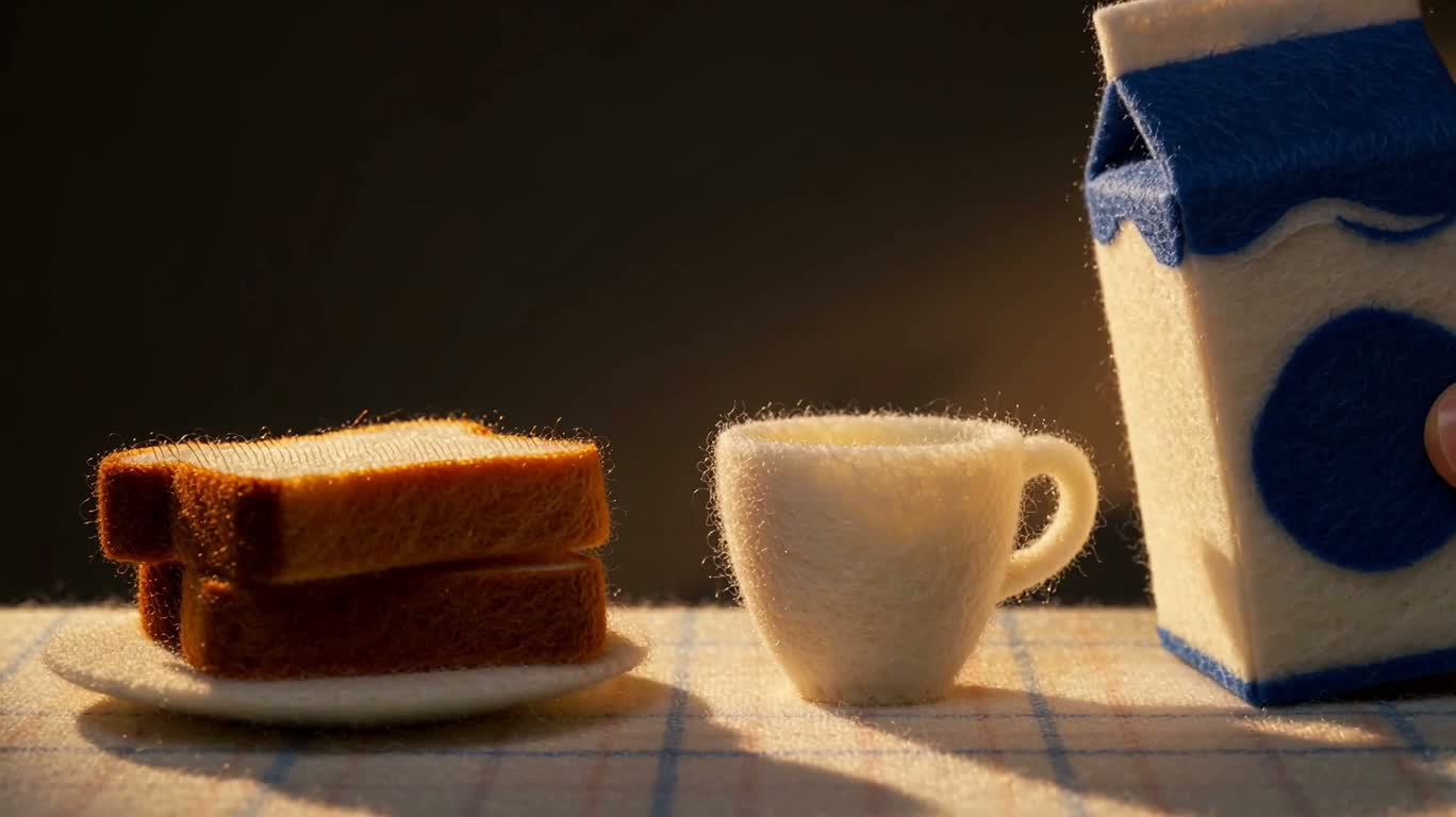 フェルトの朝食テーブルの温かいミルク — AI video creation
