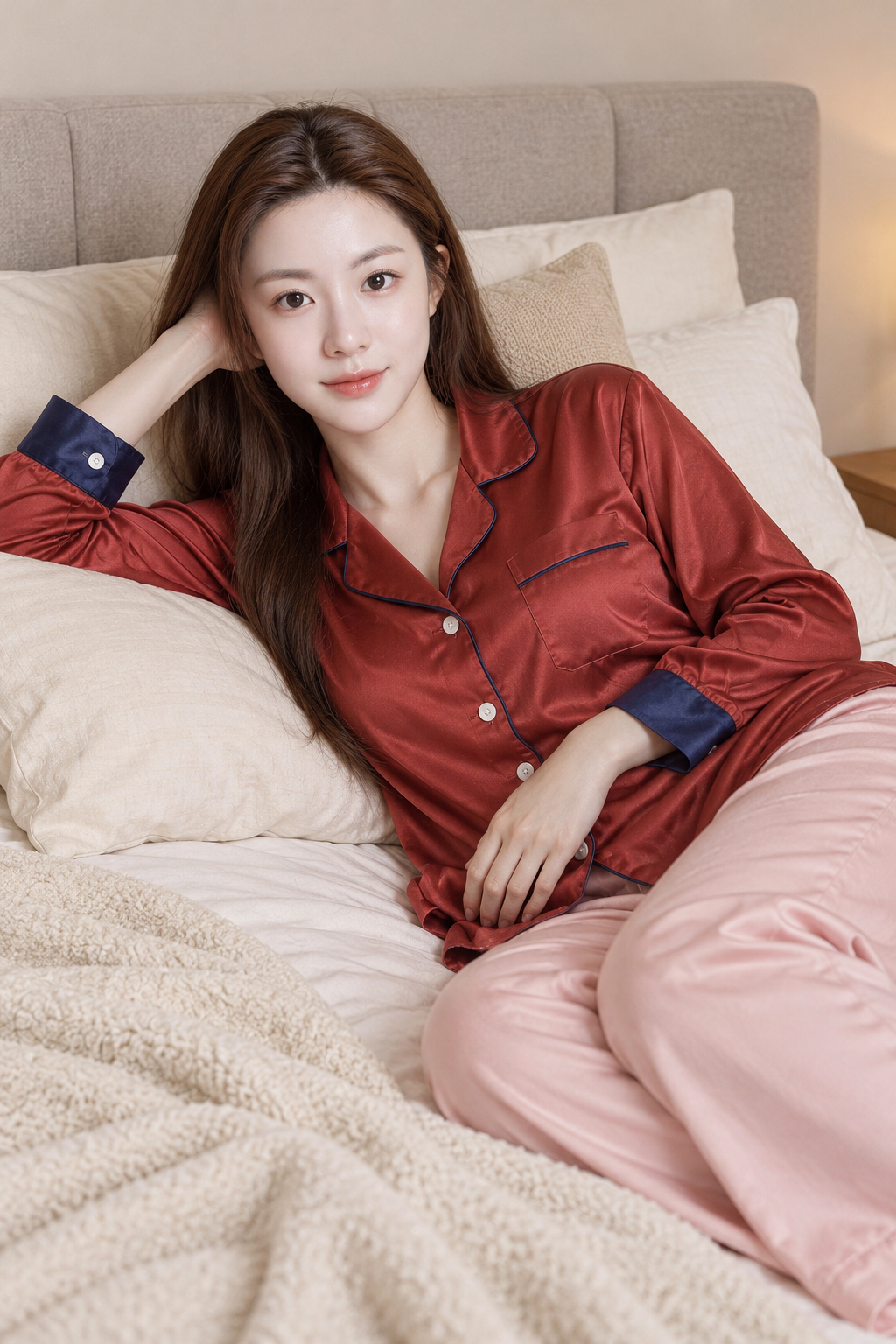 Portrait en pyjama satiné dans une chambre douce