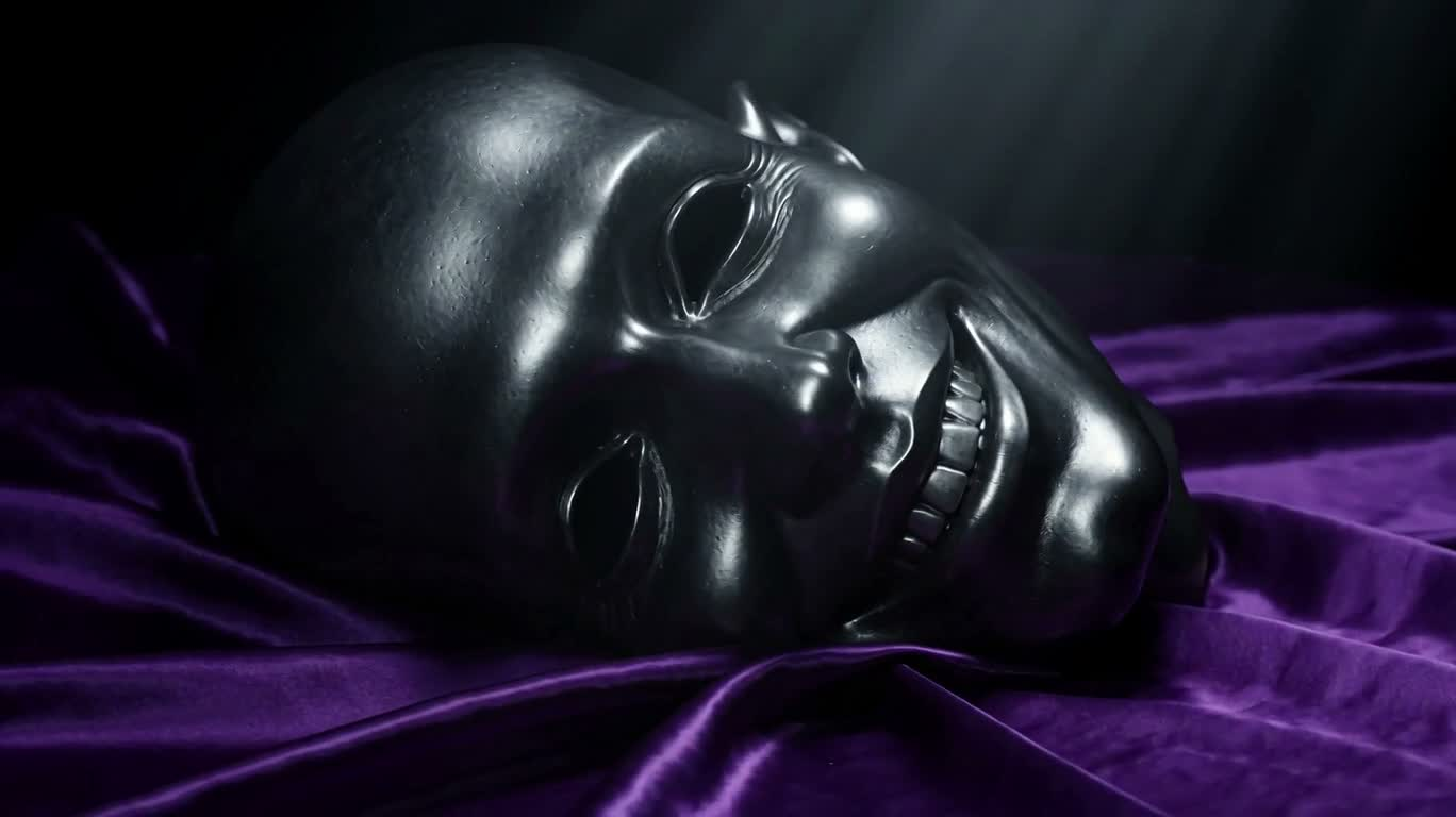 Eyeless Metal Smiley on Purple Silk — AI video creation
