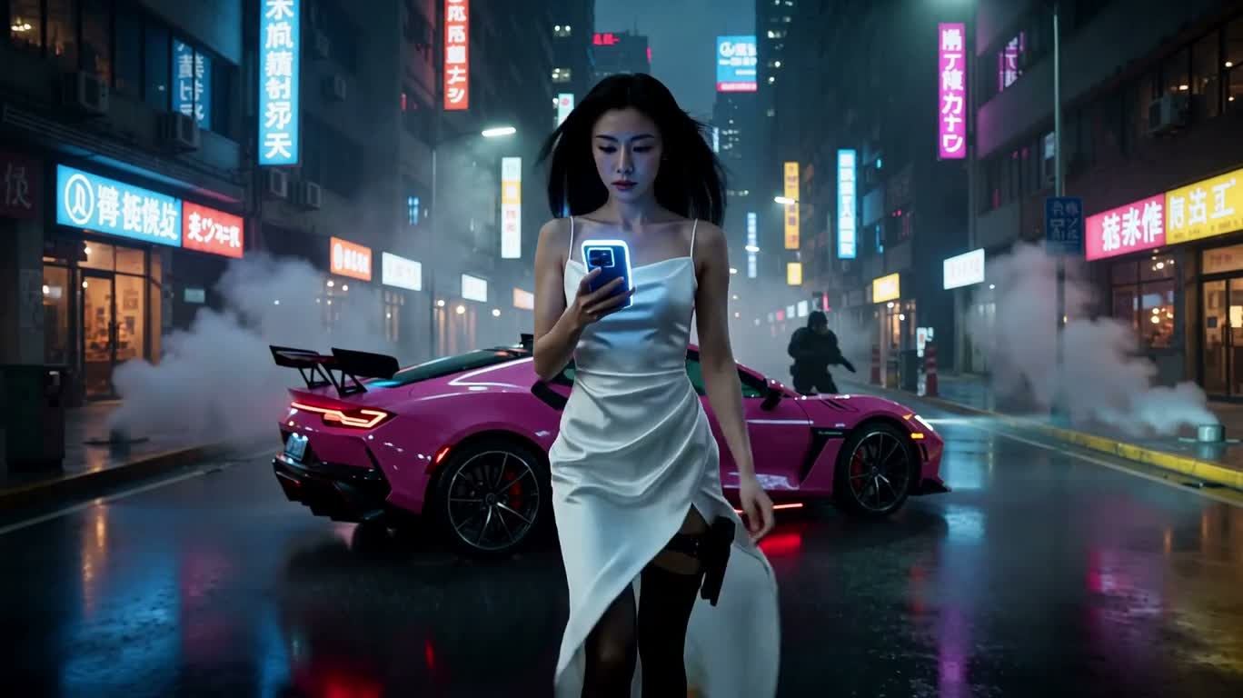 Pink Sports Car Chase on a Neon Rainy Night