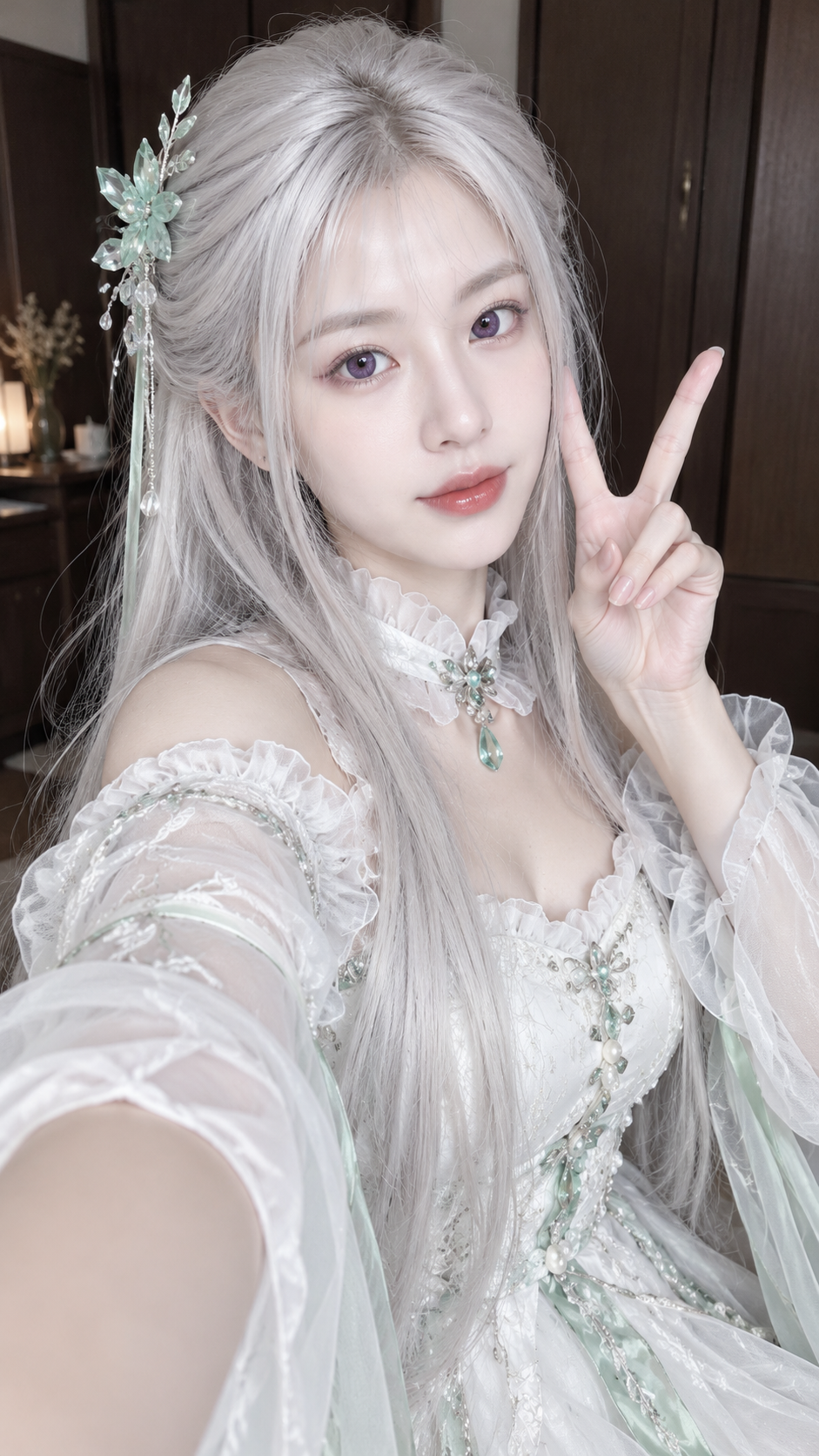 Silver-Haired Mint Crystal Cosplay Selfie — AI image creation