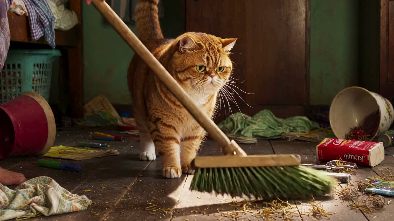 Le chat roux range la pièce en désordre — AI video creation