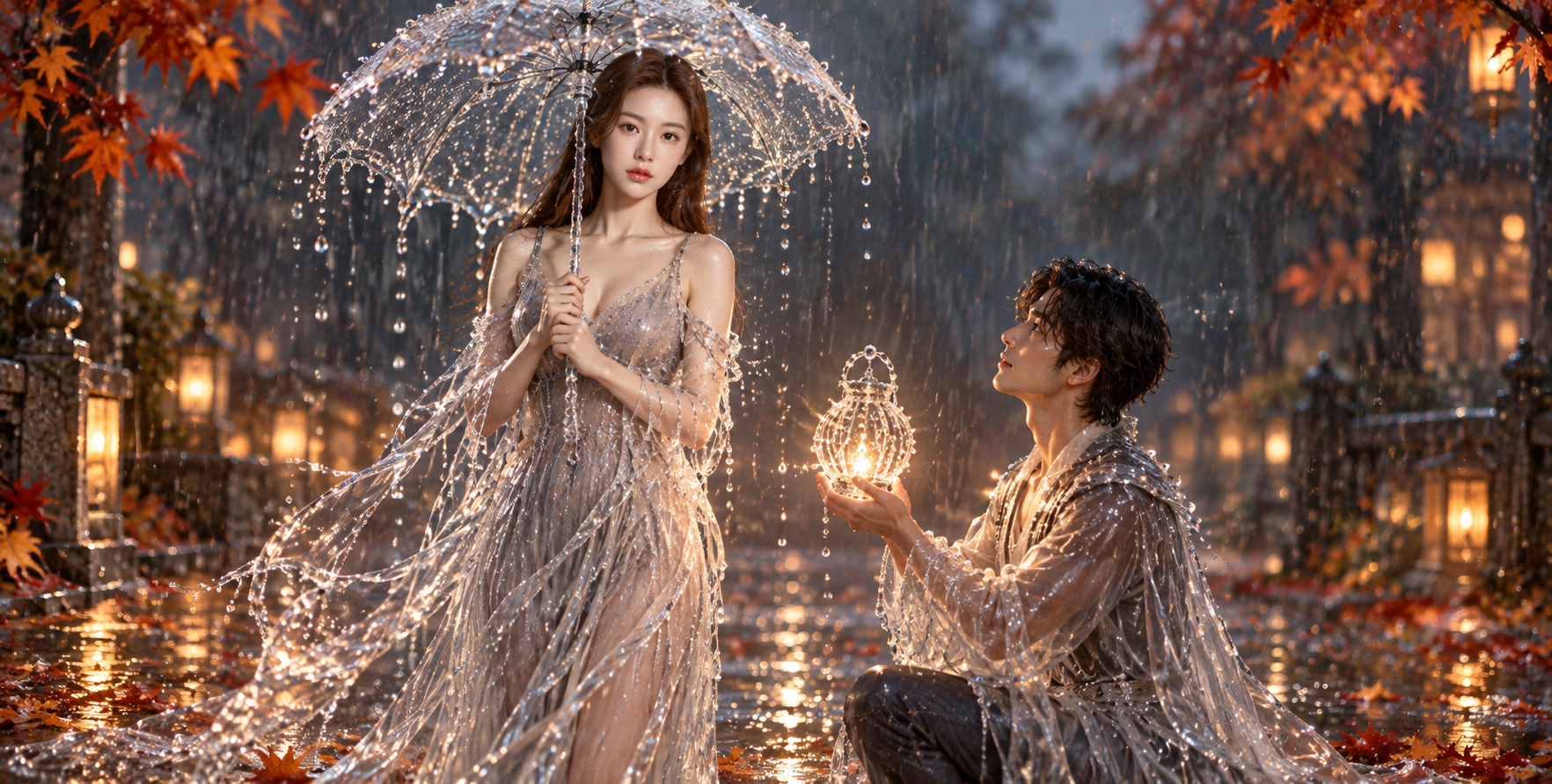 雨夜秋叶间由水滴构成的浪漫相遇