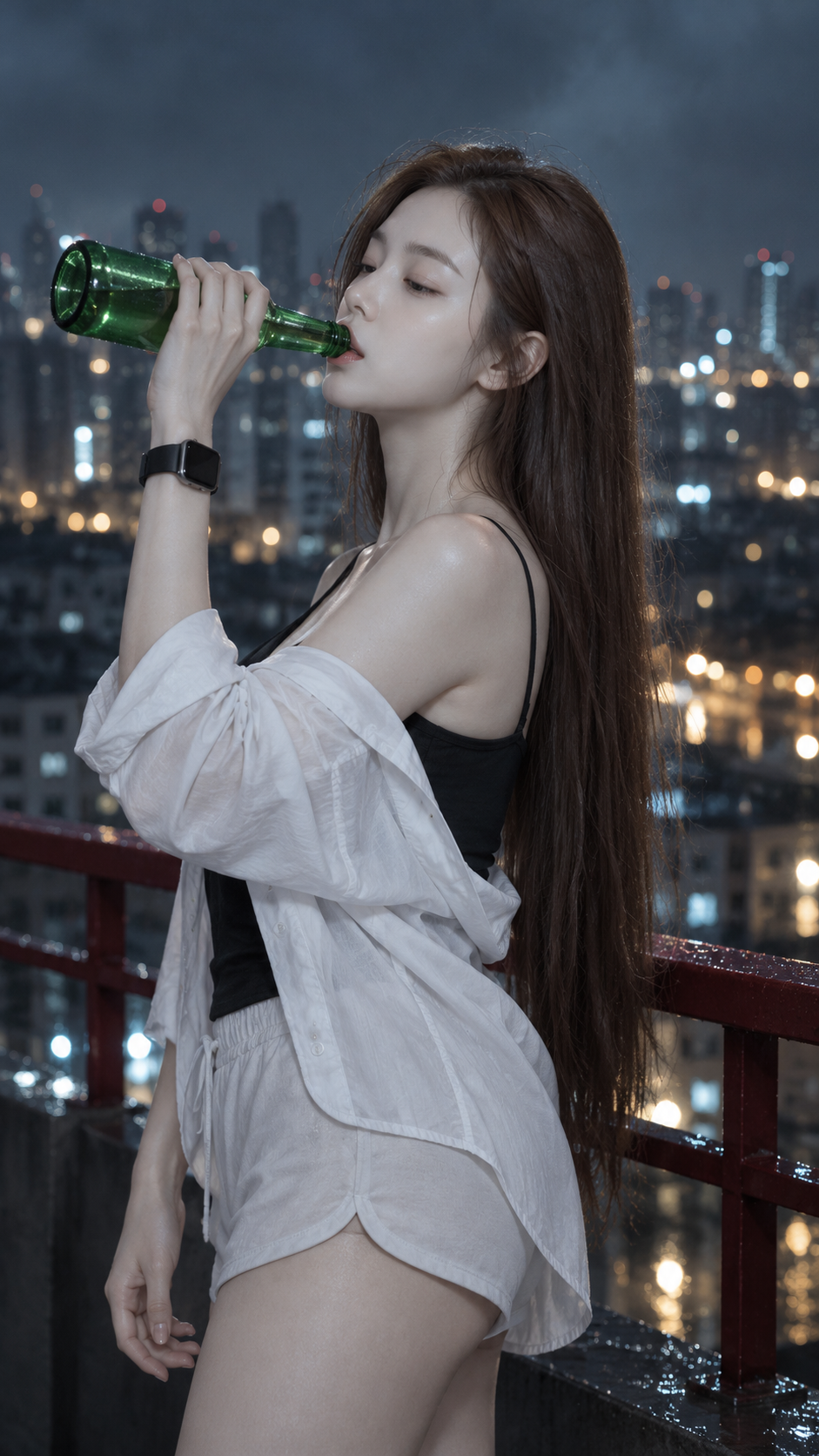 비 오는 밤 도시 테라스에서 물을 마시는 옆모습