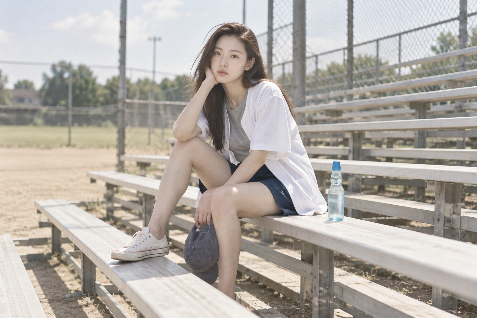 夏の野球場スタンドの成人女性フィルム風ポートレート