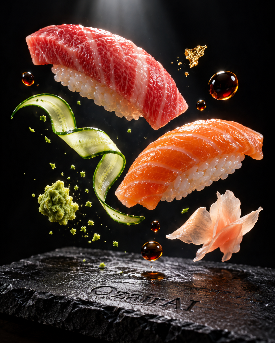 Nhiếp ảnh macro đồ ăn tối màu với sushi lơ lửng không trọng lực