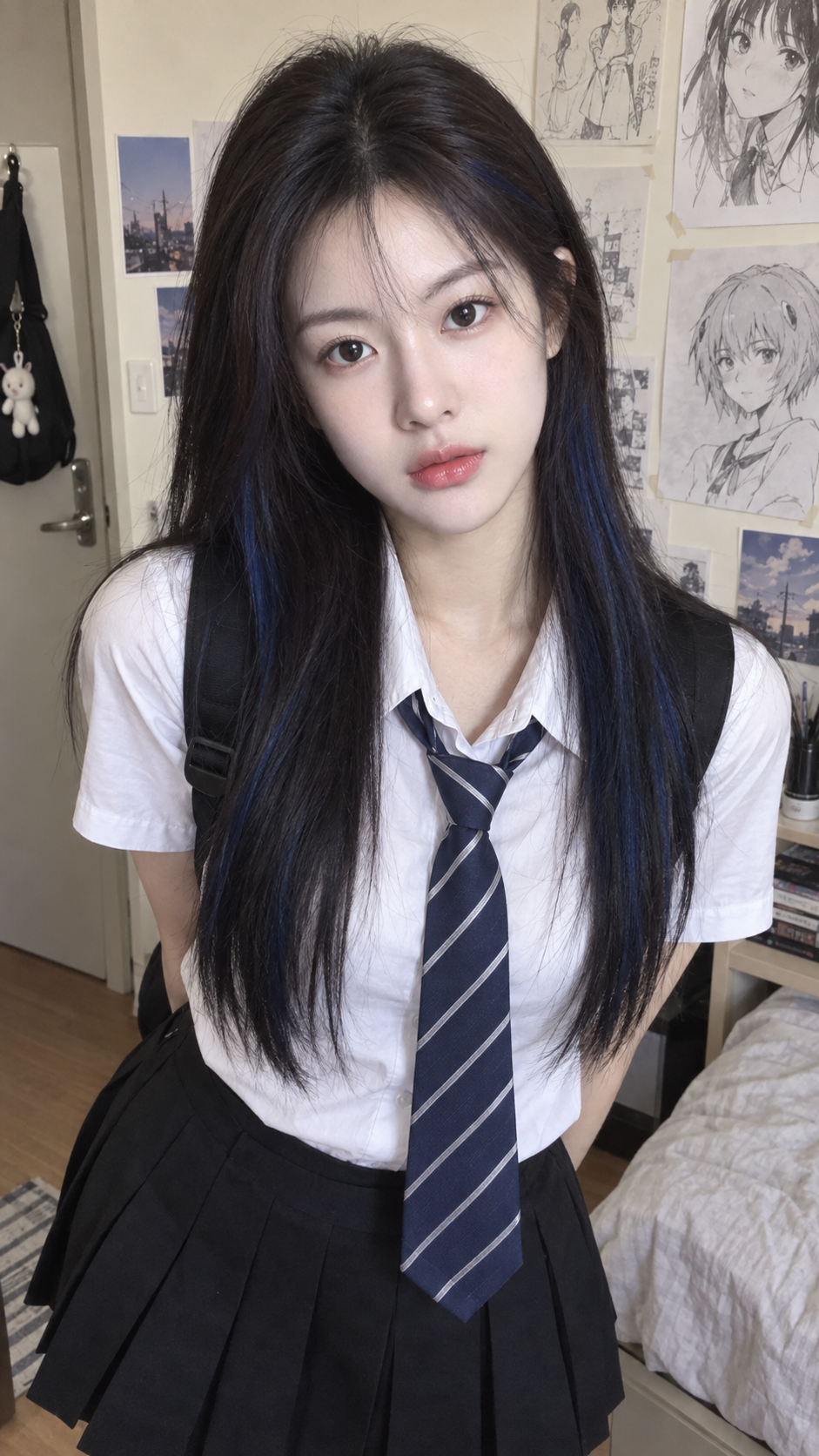 写实风格蓝黑发少女室内手机抓拍