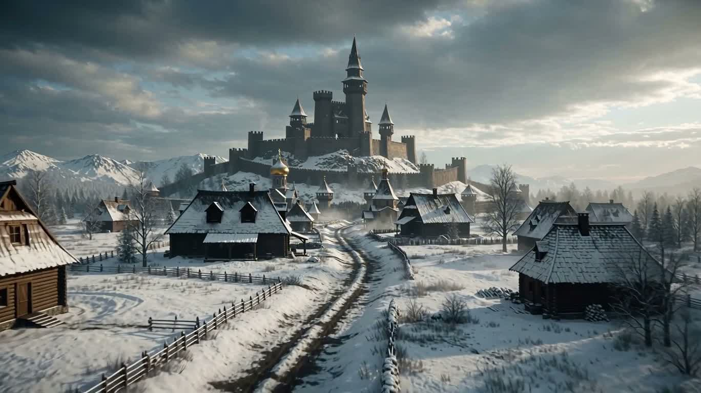 雪岭木堡与穹顶教堂 — AI video creation