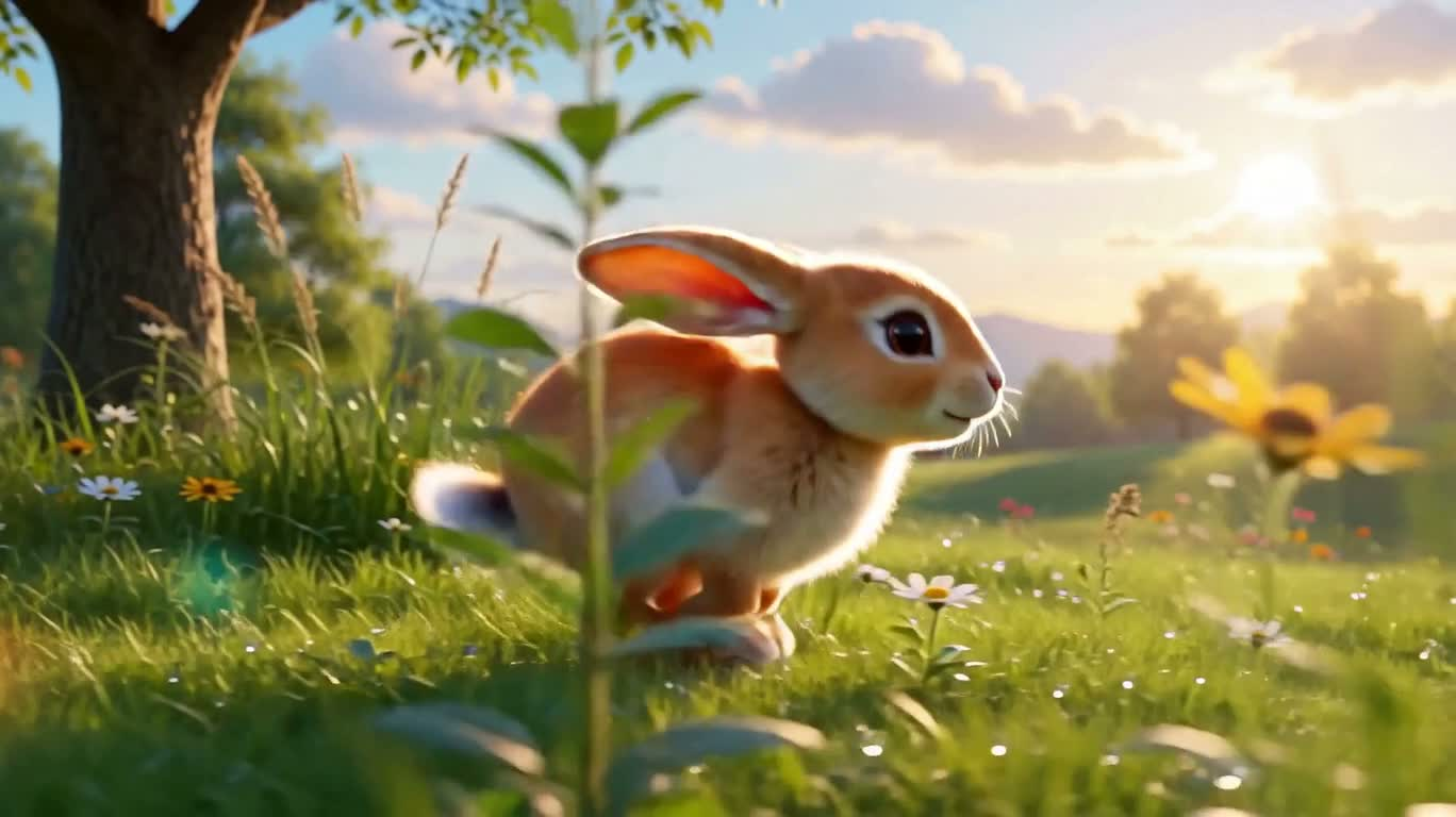 Lapin bondissant dans la prairie de fleurs sauvages à l'aube — AI video creation