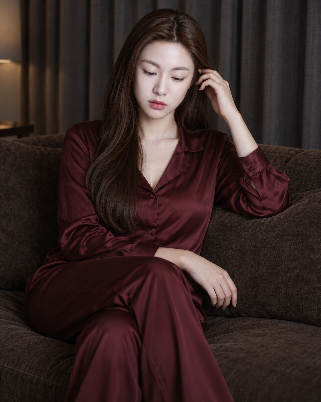 酒红缎面家居服成年女性沙发人像模板