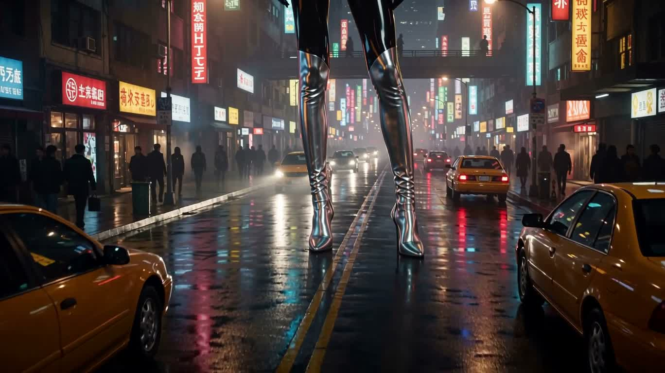 ネオン巨人のストリートファッション幻想 — AI video creation