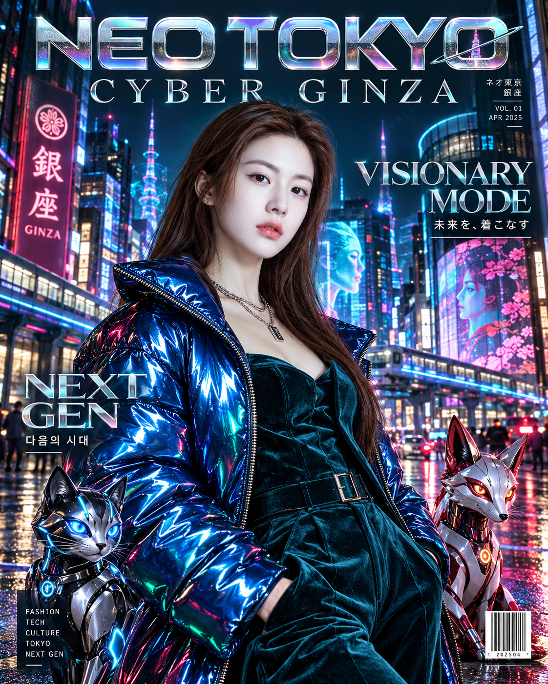 Bìa tạp chí thời trang cyberpunk tương lai hoài cổ Tokyo