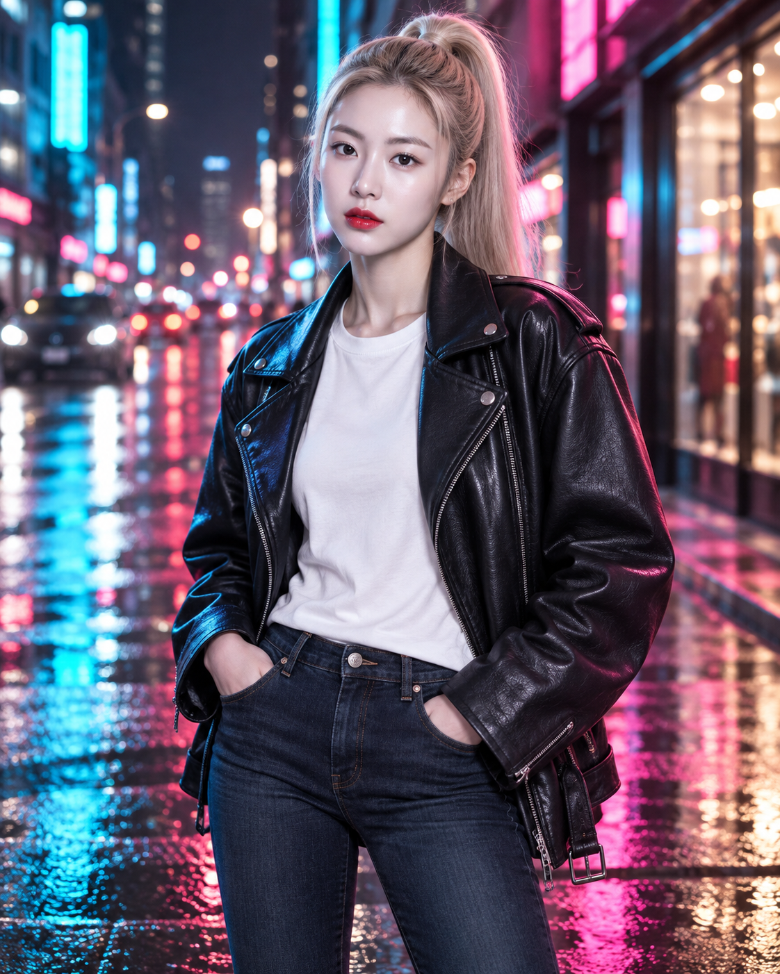 青洋红霓虹夜街中的成年女性机车夹克肖像