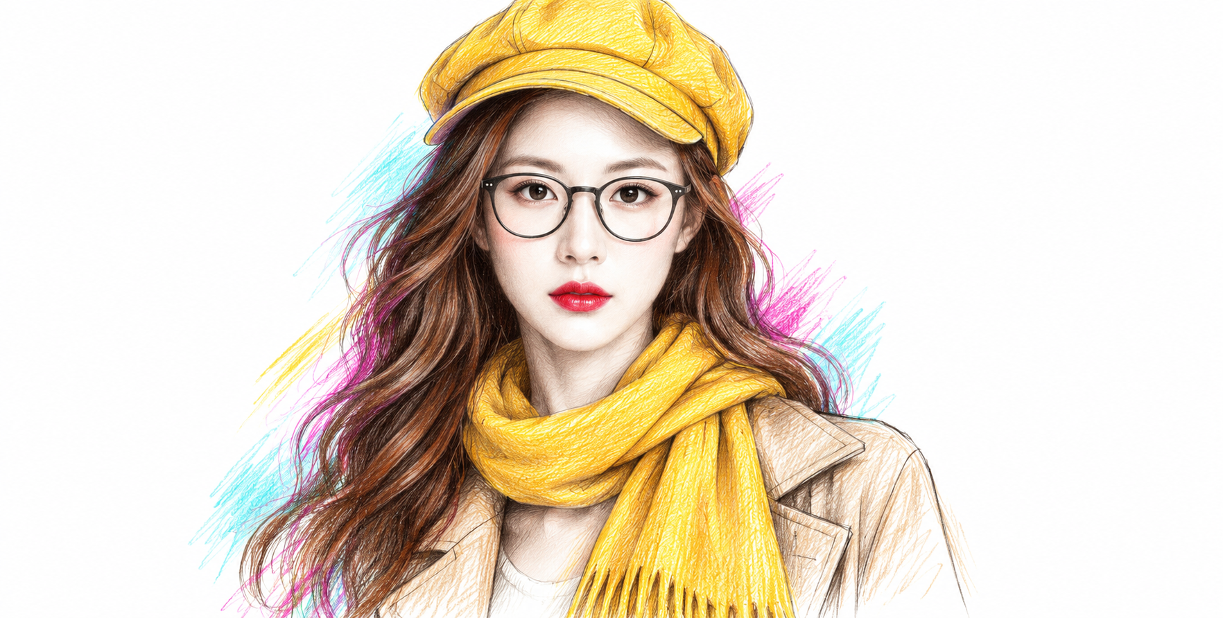 黄帽围巾与彩铅质感时尚肖像插画 — AI image creation