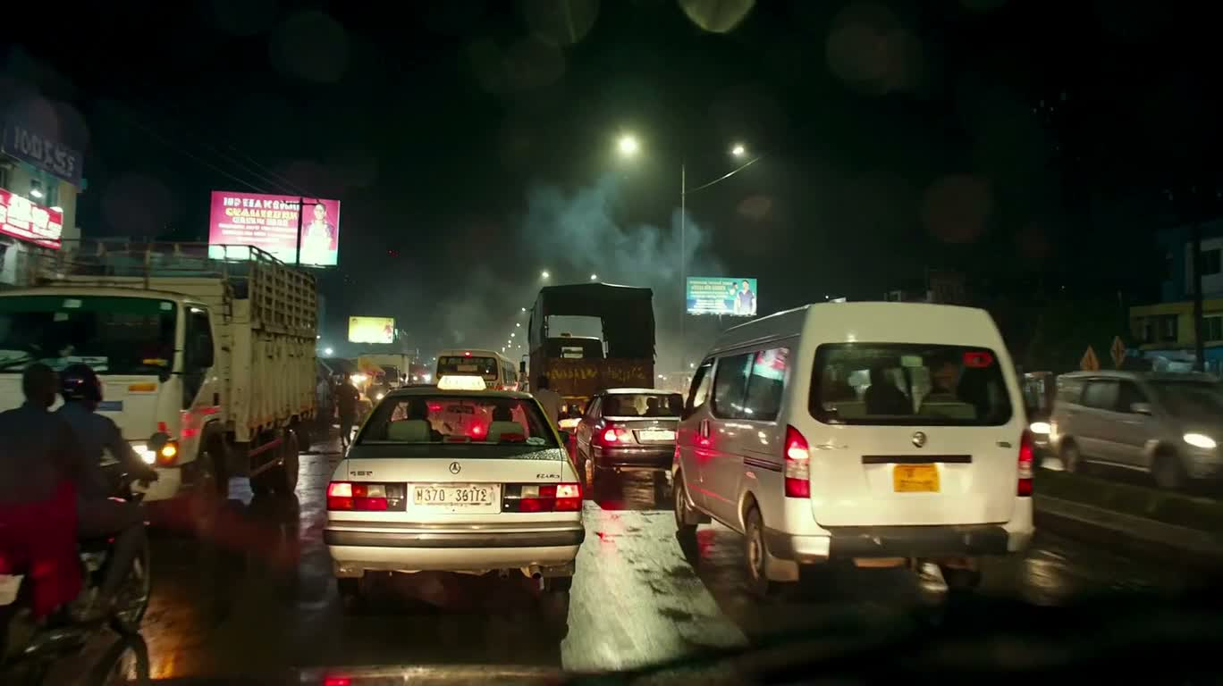 Embouteillage par une nuit de pluie à Kampala — AI video creation