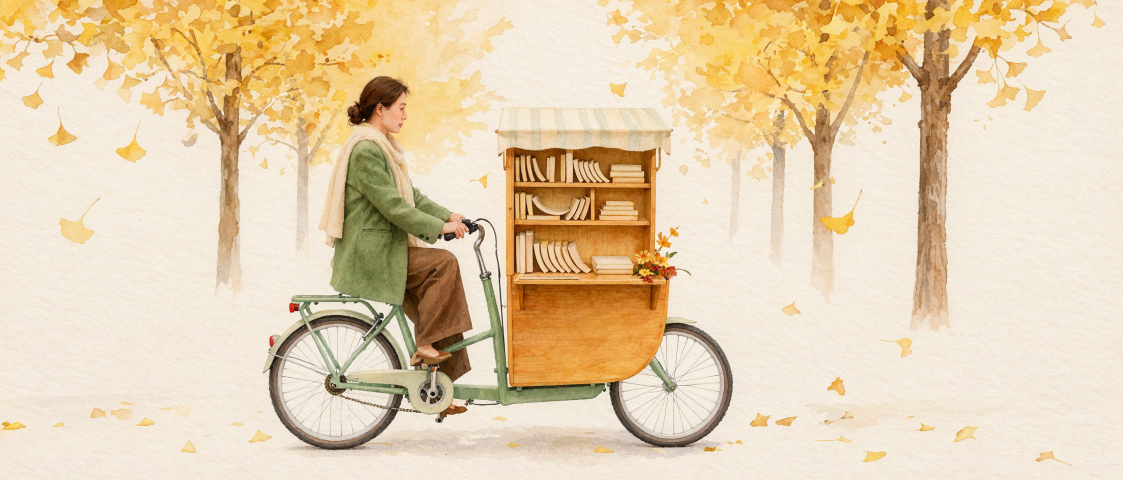 秋の本と自転車 · 水彩手帳 — AI image creation