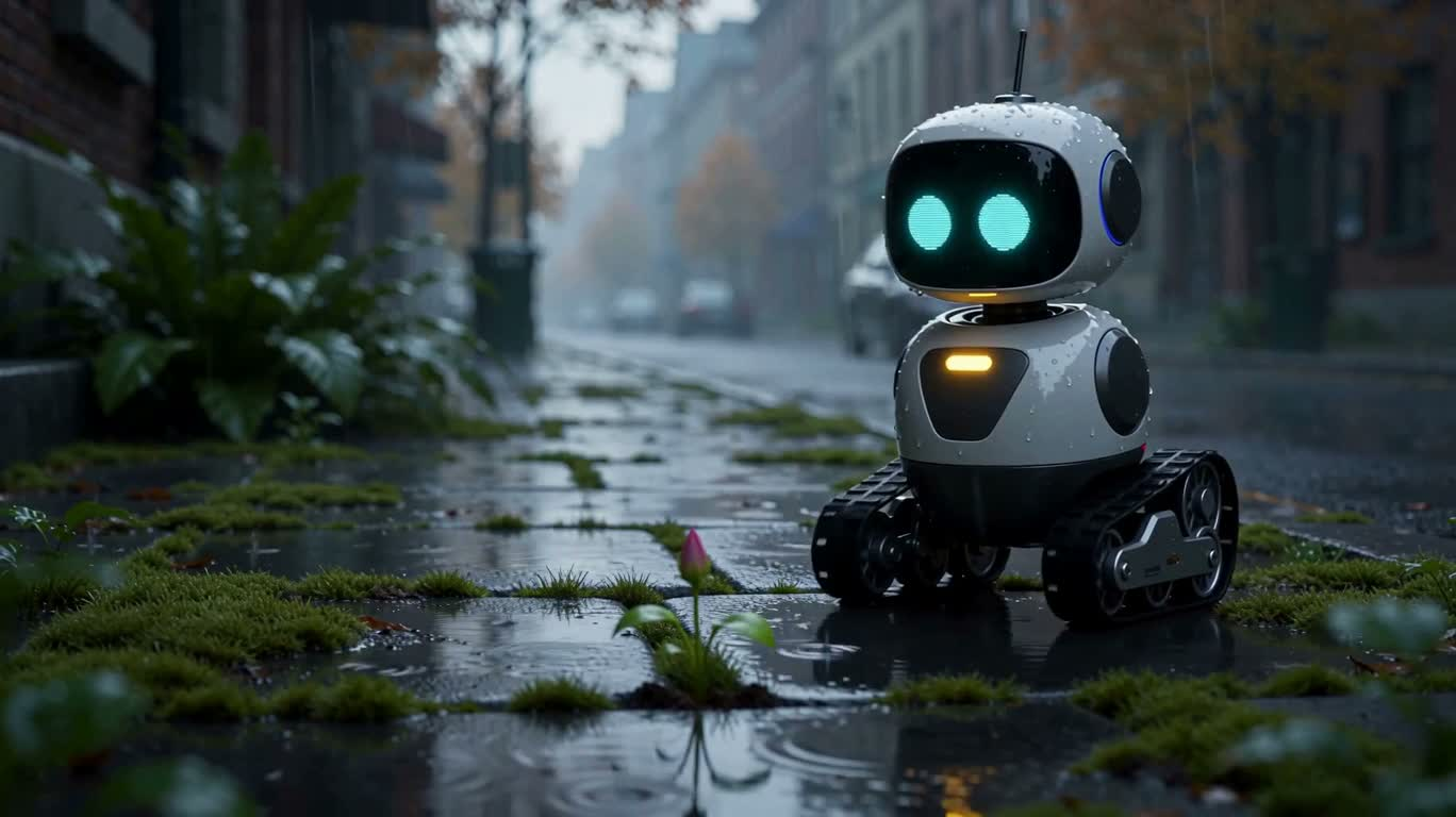 Chú robot nhỏ và hoa trong ngõ mưa
