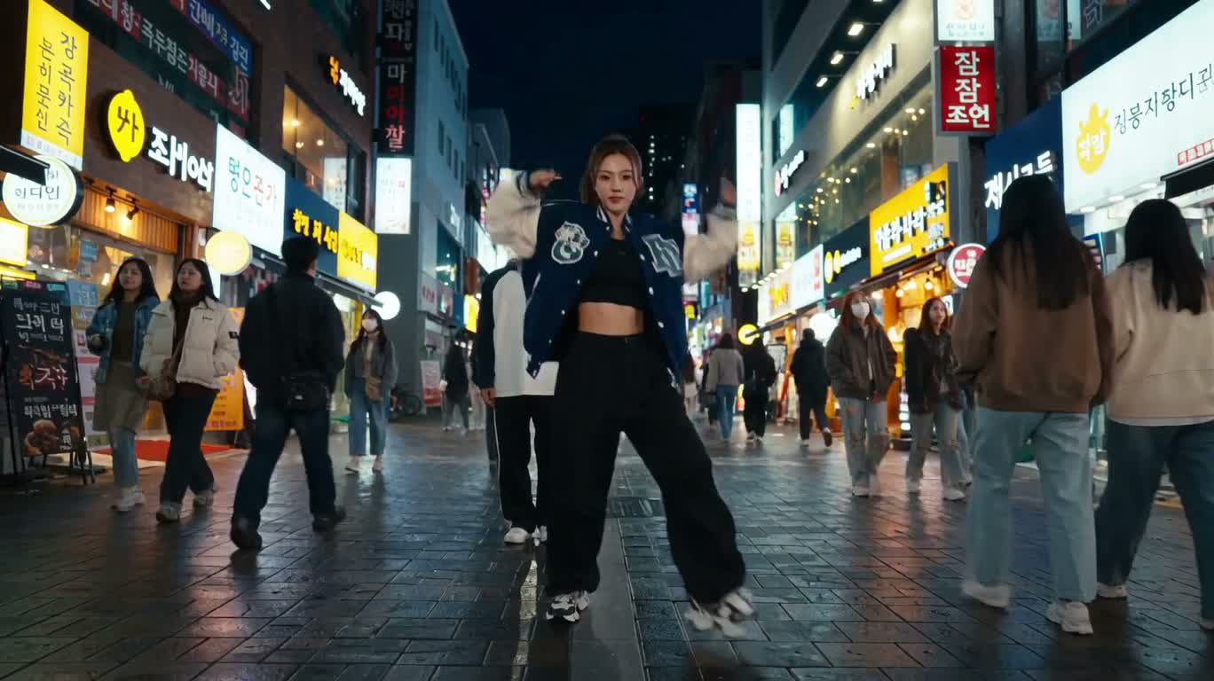 Troupe de danse K-pop flash mob dans une rue néon sous la pluie