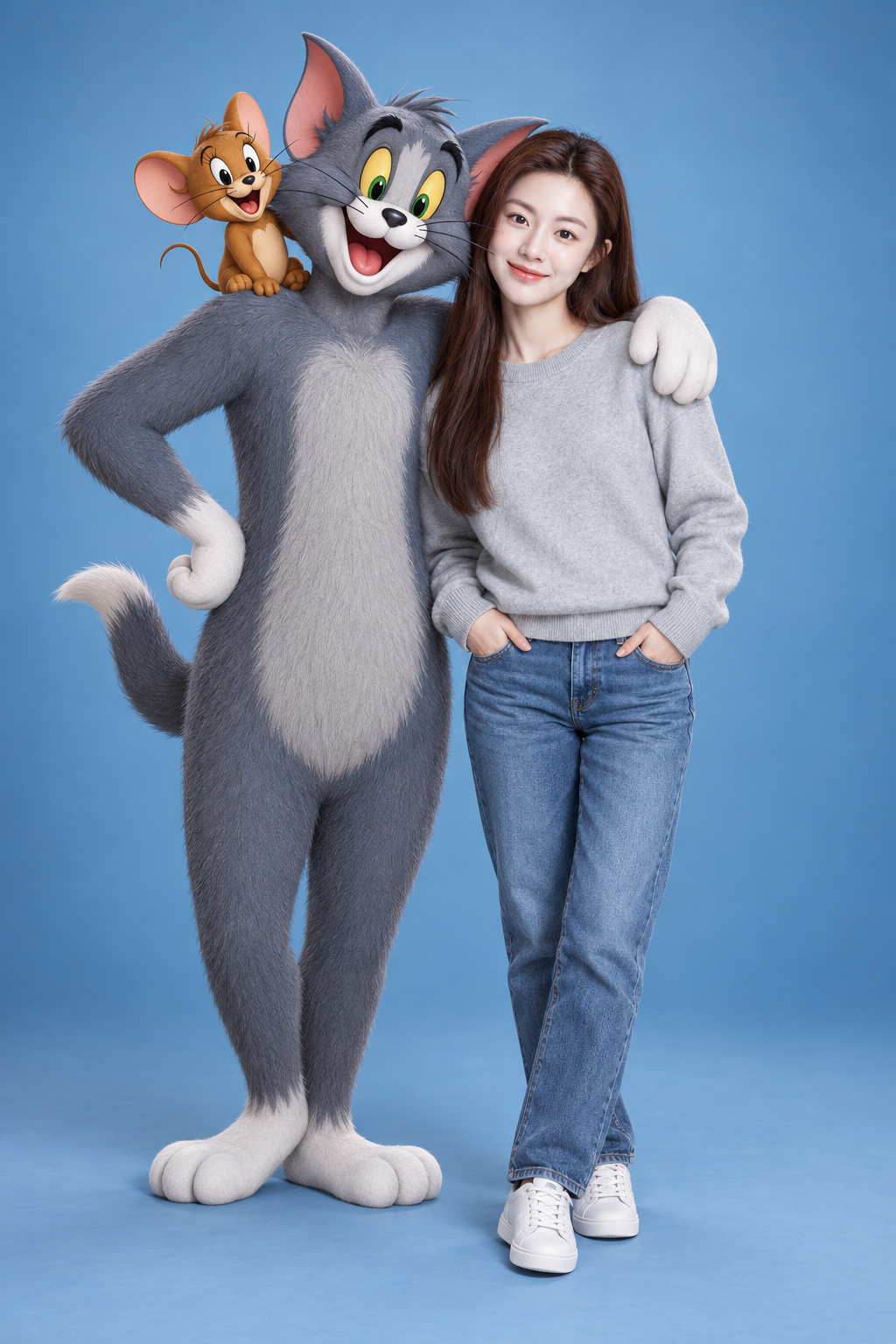 파란 스튜디오에서 톰과 제리와 함께 촬영하는 성인 여성