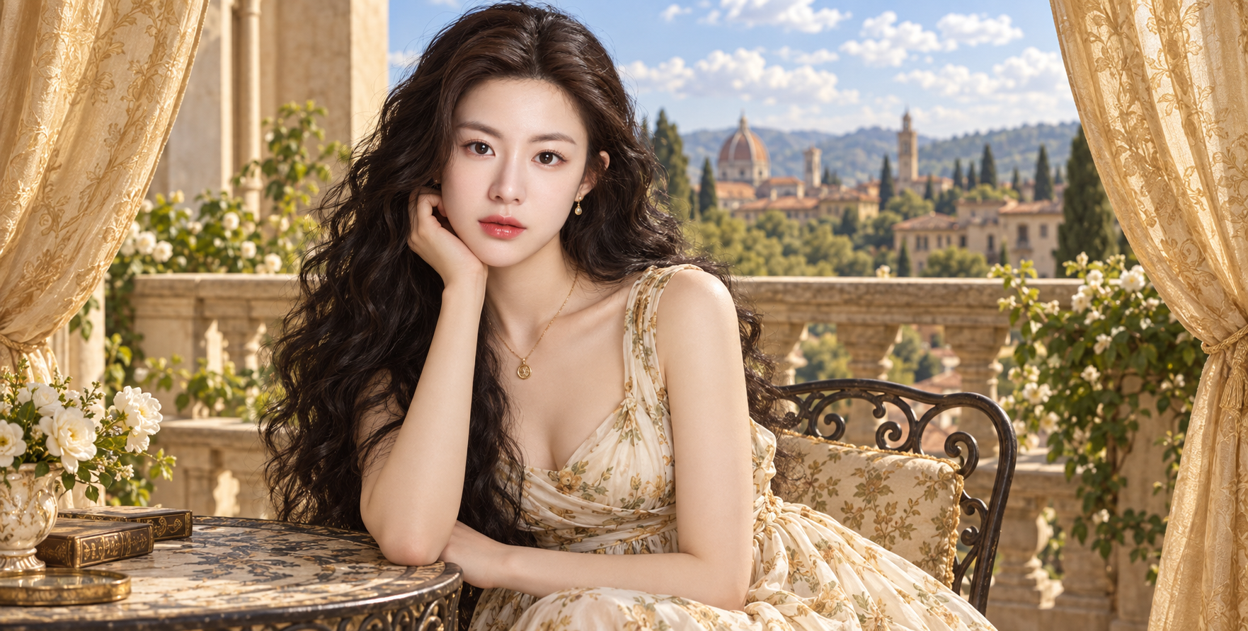 欧式阳台上的经典碎花裙成年女性肖像