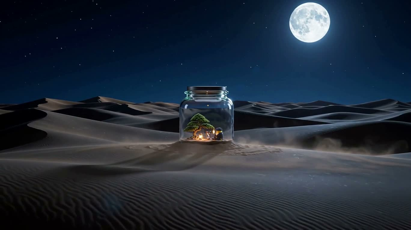 Scène miniature au clair de lune dans un bocal en verre sur le sable