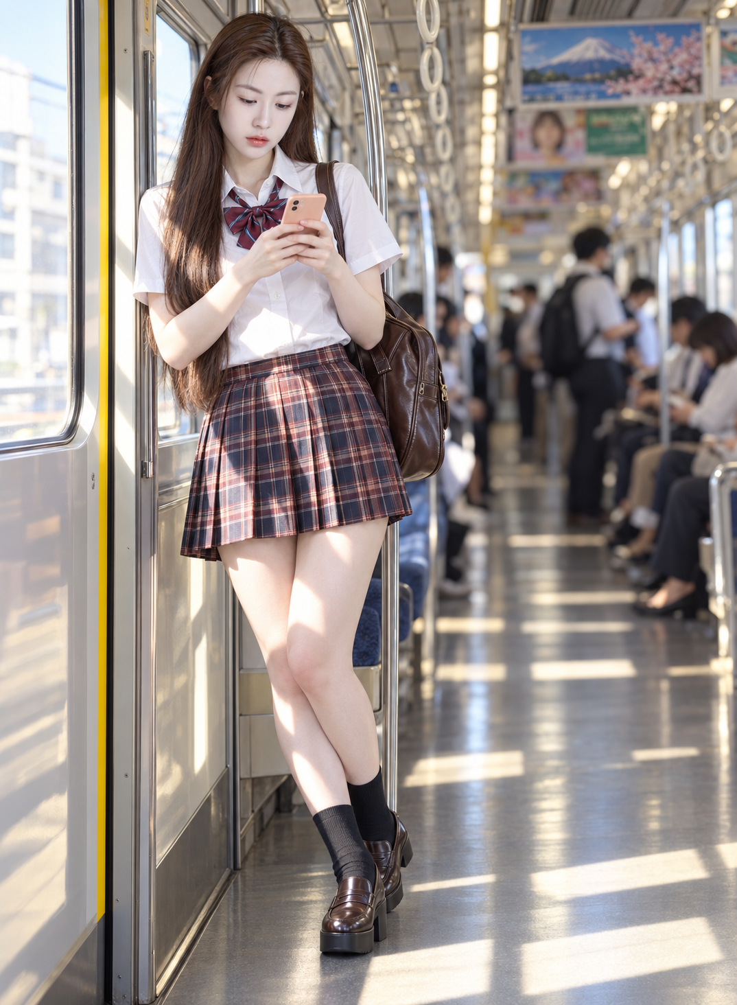 일본 통근 전철에서 휴대폰을 보는 교복 스타일의 성인 여성 전신 사진